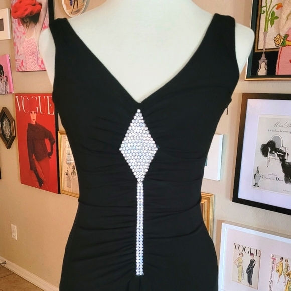 Scott McClintock 90's Black Rhinestone Ruched Wiggle Maxi Dress - Picture 6 of 8